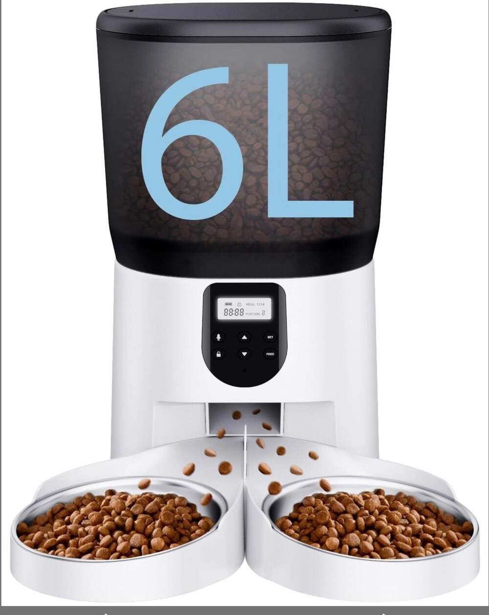 CORGOTE Automatic Cat Feeder 2 Cats 6L Timed Pet Food Dispenser Dual Bowls White